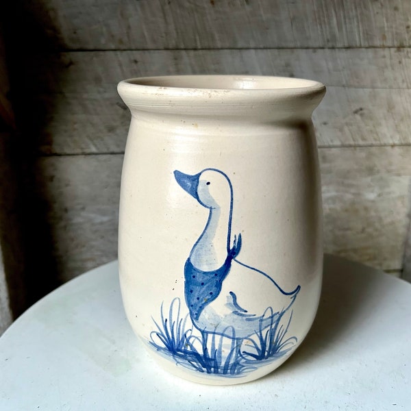 Crock pato azul gres utensilio titular de la granja - esmalte blanco - jarrón de cerámica rústica primitiva