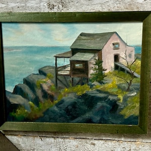 Oil painting landscape primitive painting blue sky farmhouse framed Vermont landscape
