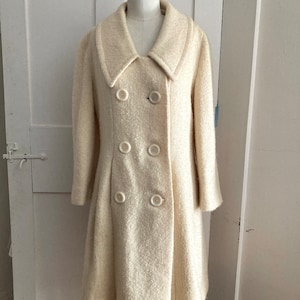 60s white cream mohair boucle coat textured fabric large buttons  classic coat satin lining  - wool coat