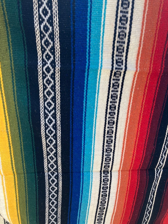 Mexican Blanket Rug Hand Woven Heavy Stripe Design - Blue Red