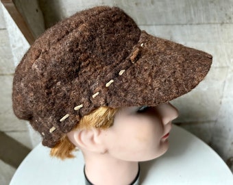 Brown wool felt cap hat warm felted handmade