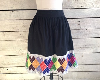 Black cotton peasant skirt - embroidered diamond color design - side pockets - lining