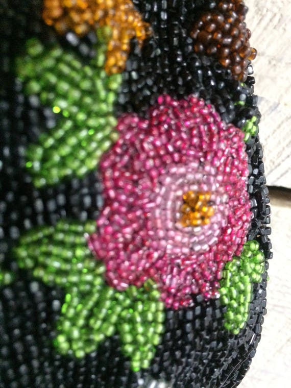 Antique Victorian Beaded Purse floral design draw… - image 8