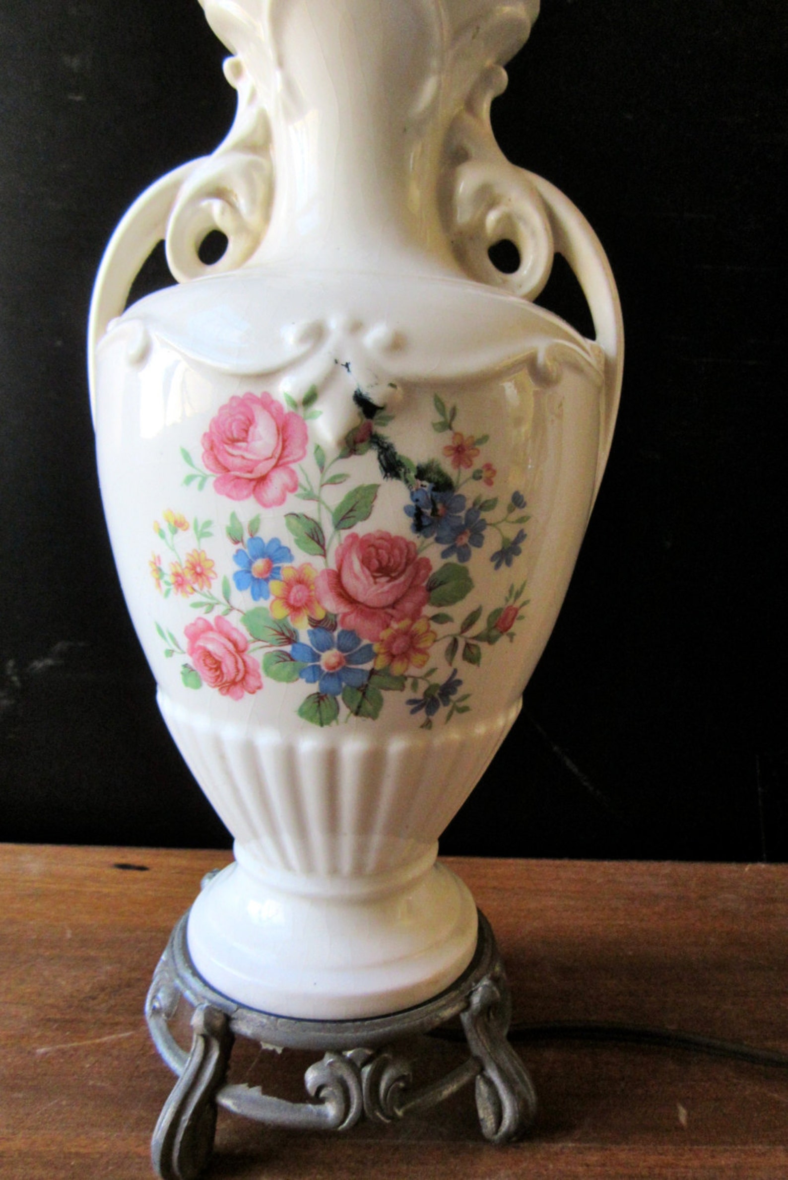 Ceramic Urn Lamp Floral Porcelain Lamp Metal Foot Etsy