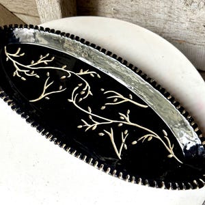 Handmade ceramic art platter black carved glazed design hand built artist made