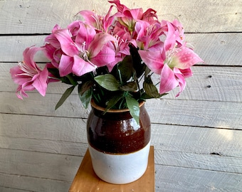 Antique Farmhouse crock brown and off white kitchen decor stoneware rustic primitive utensil holder