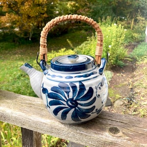 Teapot stoneware blue design bamboo wrapped handle handmade