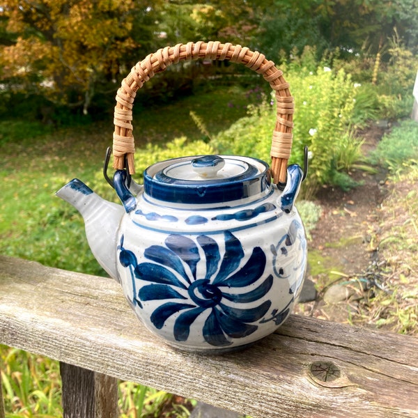 Teapot stoneware blue design bamboo wrapped handle handmade