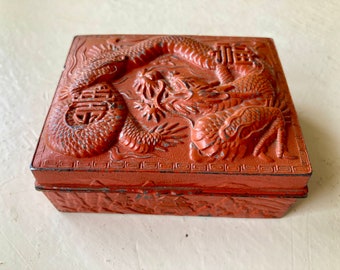 Red dragon metal box trinket box made in Japan wood lined small box