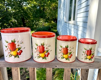 60s Mid Century canister set floral fruit design  4 tin canisters farmhouse kitchen round shape