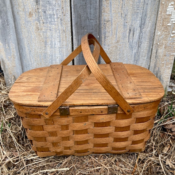 Picnic Basket Split Wood With Lid 2 Bent Wood Handles Farmhouse