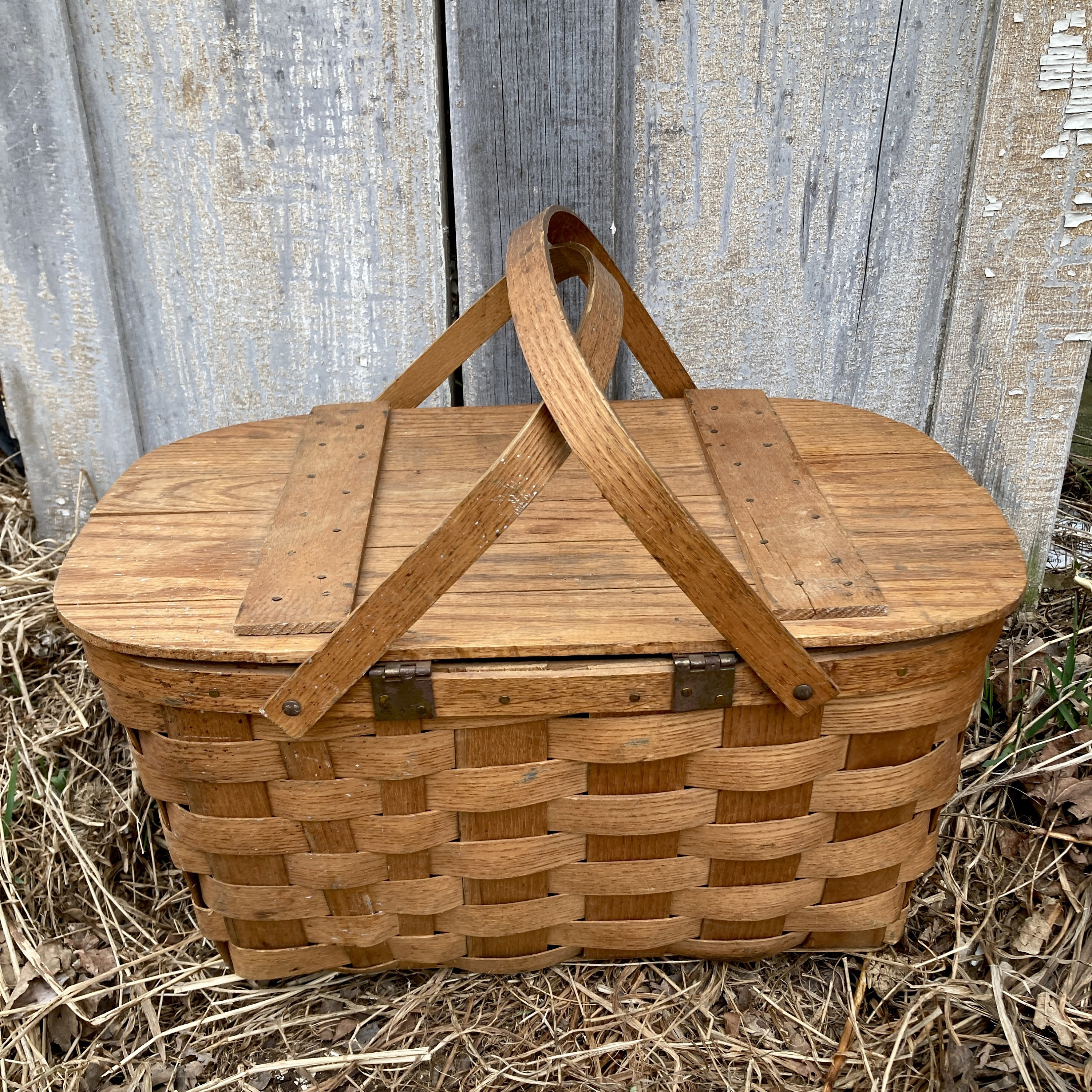 Antique Splint Wood Basket, Large Gathering Bent Wooden Storage, Rectangle  Picnic Basket Handle, Primitive Farmhouse Living Room Storage 