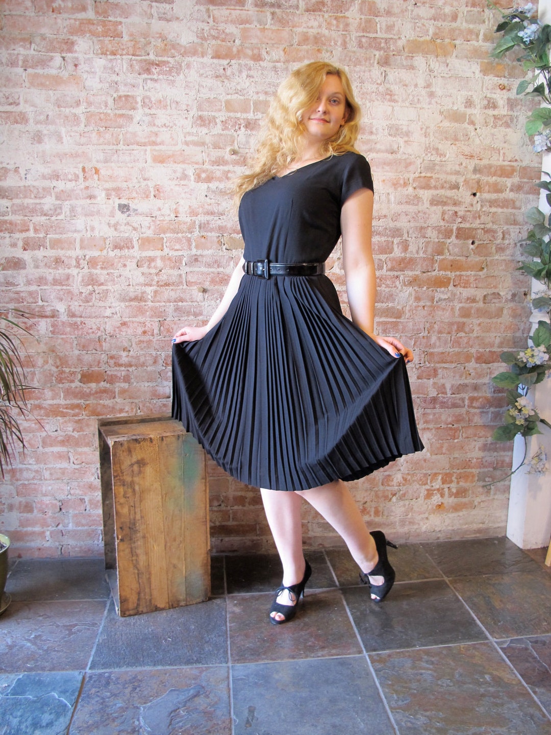 1950s Black Rayon Dress with Gathered Bodice