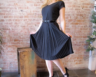 Vintage 1950s Black Pleated Dress - Rayon - Cocktail Dress - LBD - Little Black Dress - Scoop Back -
