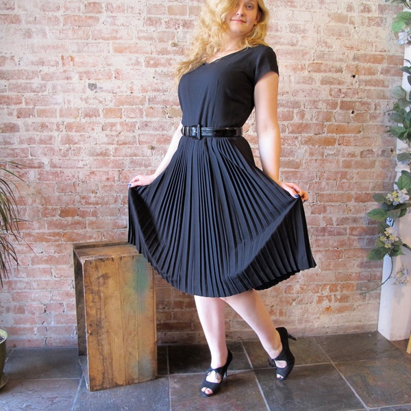 Vintage 1950s Black Pleated Dress - Rayon - Cocktail Dress - LBD - Little Black Dress - Scoop Back -