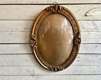 Ornate antique oval gold wood frame convex glass picture frame - wall decor - vintage frame