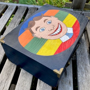 Wood box hand painted head whimsical colorful brass hardware handle handmade