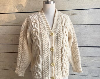 Irish Wool Cable Cardigan Hand Knit Buttons Cream Natural Color