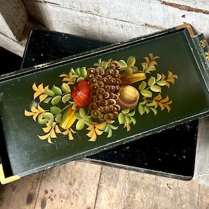Antique hand painted dark green wood tray - fruit design gold details handles handmade distressed surface