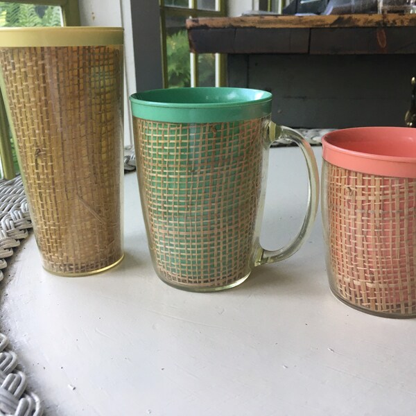 60s raffia ware mugs plastic colorful pastel insulated green yellow pink