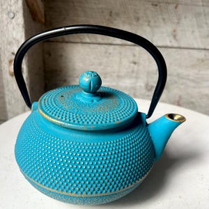 Könnte beinhalten: Eine tealblaue gusseiserne Teekanne mit schwarzem Henkel und goldenen Akzenten. Die Teekanne hat eine strukturierte Oberfläche und einen kleinen Knopf auf dem Deckel.