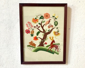 Crewel tapestry handmade mounted and framed fiber art wool tree flowers deer stag