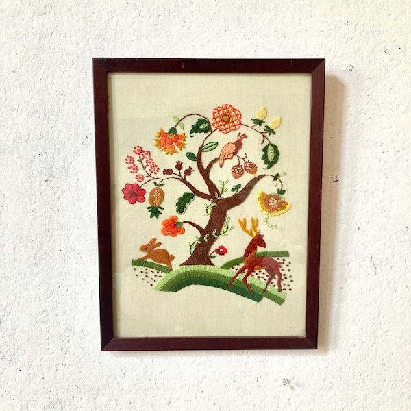 Crewel tapestry handmade mounted and framed fiber art wool tree flowers deer stag