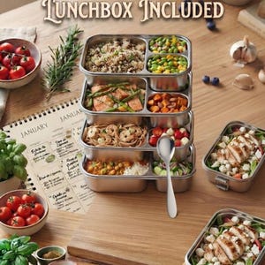May include: A stack of four rectangular stainless steel lunchboxes with multiple compartments filled with various prepared meals, including grains, vegetables, and proteins. A silver spoon rests on the side of the stack, with text reading 30 Minute Dinners Lunchbox Included.