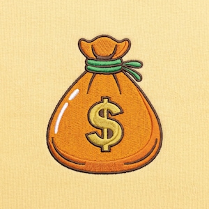 May include: An embroidered patch on a light yellow fabric background featuring an orange money bag with a dark brown outline. The bag is tied with a green drawstring at the top and displays a large, centered yellow dollar sign symbol.