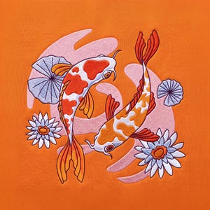 Diseño de bordado de pez koi Yin Yang, archivo para máquina de coser de flor de loto, parche de nenúfar asiático, puntadas de estanque zen, motivo floral natural.