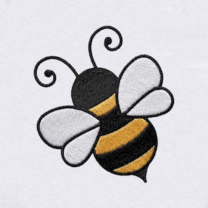 May include: An embroidered patch featuring a stylized bumblebee with a black head, a body with alternating black and golden yellow stripes, and two pairs of white wings outlined in black. The bee has two thin, black, curled antennae on top.