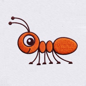 May include: An embroidered patch of a cartoon ant featuring a bright orange body with dark brown outlines. The ant has two long antennae, six thin legs, and a large circular head with a single white eye containing a dark brown pupil.