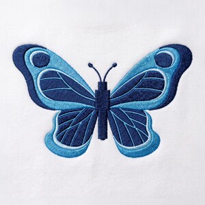 Diseño de bordado de mariposa azul, elegante archivo de máquina de coser de insectos, parche de insectos de la naturaleza, puntadas de aplique de primavera, patrón de animales de jardín