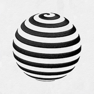 Peut inclure: Un motif de sphère brodé en noir sur un fond en tissu blanc. La sphère présente une série de lignes horizontales noires qui se courbent pour créer un effet tridimensionnel, se terminant par une petite spirale au centre du sommet de la forme.