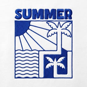Letnie wzory do haftu, aplikacje retro z motywem plaży, pilniki maszynowe z palmami, naszywki z motywem fal oceanicznych, sztuka nadbrzeżna w kolorze niebieskiego słońca, haft DIY na wakacje
