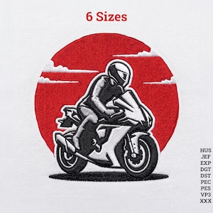 Motorcycle Embroidery Design, Sport Bike Machine File, Biker Patch, Racing Apparel Stitches, Red Sun Pattern, Motorcyclist