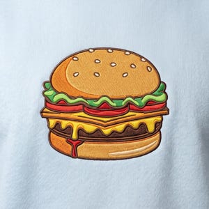 Borduurpatroon voor een cheeseburger, fastfood borduurmachine bestand, sappige hamburger patch, BBQ feest steken, foodie kleding DIY
