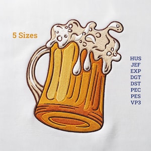 May include: An embroidery design of a beer mug filled with golden liquid and overflowing white foam. The text 5 Sizes appears in orange, and a list of file formats including HUS, JEF, EXP, DGT, DST, PEC, PES, and VP3 appears in blue.