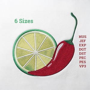 May include: An embroidery design featuring a lime slice and a red chili pepper. The text 6 Sizes appears in green, and the file formats HUS, JEF, EXP, DGT, DST, PEC, PES, and VP3 are listed in red on the right side of the embroidered graphic.