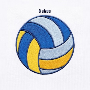 May include: An embroidered volleyball patch featuring a circular design with panels in shades of blue, light blue, and yellow, outlined in dark blue thread. The text 8 sizes is printed in dark blue above the volleyball graphic on a white background.
