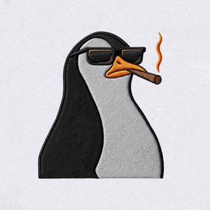 Può includere: Una toppa ricamata raffigurante un pinguino dal piumaggio bianco e nero. Il pinguino indossa occhiali da sole neri e tiene un sigaro marrone nel becco arancione, con un sottile filo di fumo arancione che si alza dalla punta del sigaro.