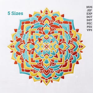 May include: A circular mandala embroidery design featuring symmetrical patterns in yellow, orange, and turquoise thread. The text 5 Sizes is printed on the left, and the file formats HUS, JEF, EXP, DGT, DST, PEC, PES, and VP3 are listed on the right.