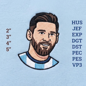 May include: An embroidered patch on light blue fabric featuring a cartoon portrait of a bearded man with dark hair wearing a light blue and white striped shirt. To the left are the numbers 2", 3", 4", 5" and to the right are the text HUS, JEF, EXP, DGT, DST, PEC, PES, VP3.