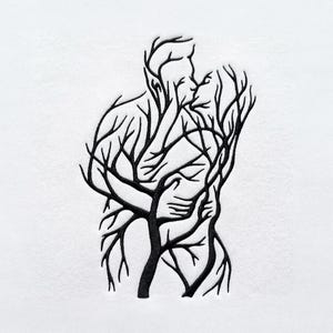 May include: A black embroidered design on a white fabric surface featuring two figures in an embrace, their forms intricately intertwined with and composed of bare tree branches and twigs that extend outward to create the silhouettes of the bodies.