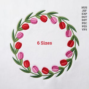 Tulip Wreath Embroidery Design, Floral Border Machine File, Spring Flower Frame, Round Botanical Stitch, Monogram Decor Patch