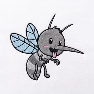 May include: An embroidered patch featuring a cartoon mosquito with a grey body, light blue wings with black outlines, a long proboscis, and a pink tongue sticking out. The design is rendered in a clean, stitched style on a plain white background.
