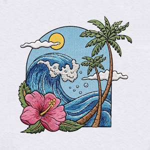 May include: An embroidered patch featuring a tropical scene with a large blue ocean wave, a bright yellow sun, two palm trees, and a pink hibiscus flower with green leaves. The design is set against a light blue sky with white clouds.
