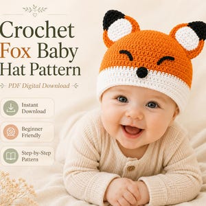 May include: A crochet fox baby hat featuring orange and white yarn with black ear tips and embroidered facial details. The text reads Crochet Fox Baby Hat Pattern, PDF Digital Download, Instant Download, Beginner Friendly, Step-by-Step Pattern.