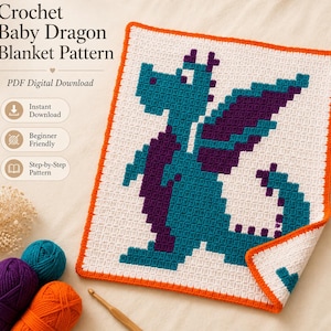 May include: A square crochet blanket featuring a pixelated teal and purple dragon design on a white background with an orange border. Text reads: Crochet Baby Dragon Blanket Pattern, PDF Digital Download, Instant Download, Beginner Friendly, Step-by-Step Pattern.