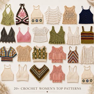 Pacchetto di modelli PDF per top da donna all'uncinetto / 22 top estivi da donna / Canotta, top all'americana, top corto e modello boho a quadrati all'uncinetto / Download immediato